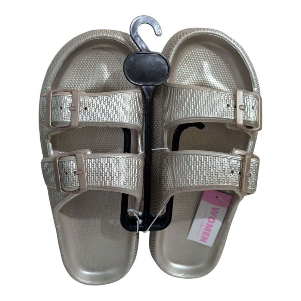 Women’s Double Buckle Slide Sandals Size 9/10 Beige Comfort Slides New - Picture 2 of 4